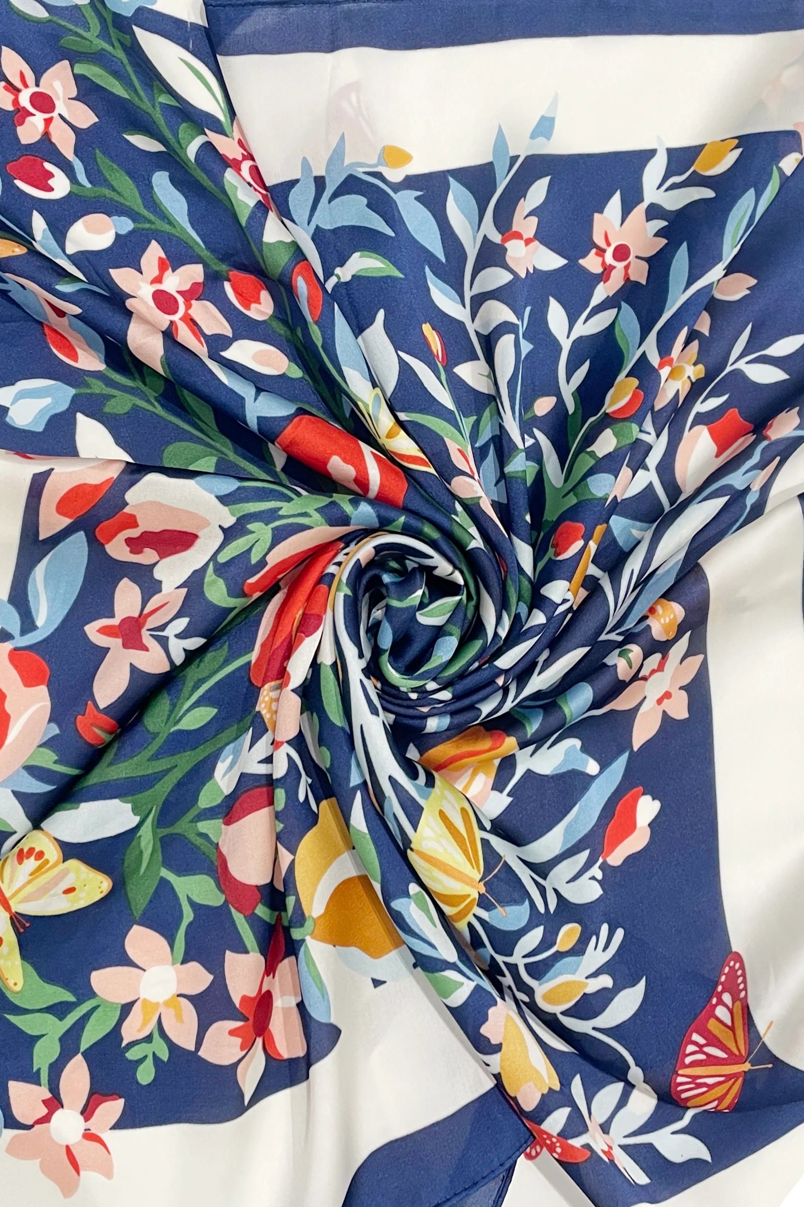 Butterfly Floral Border Print Square Scarf - Navy - Oxford Blue